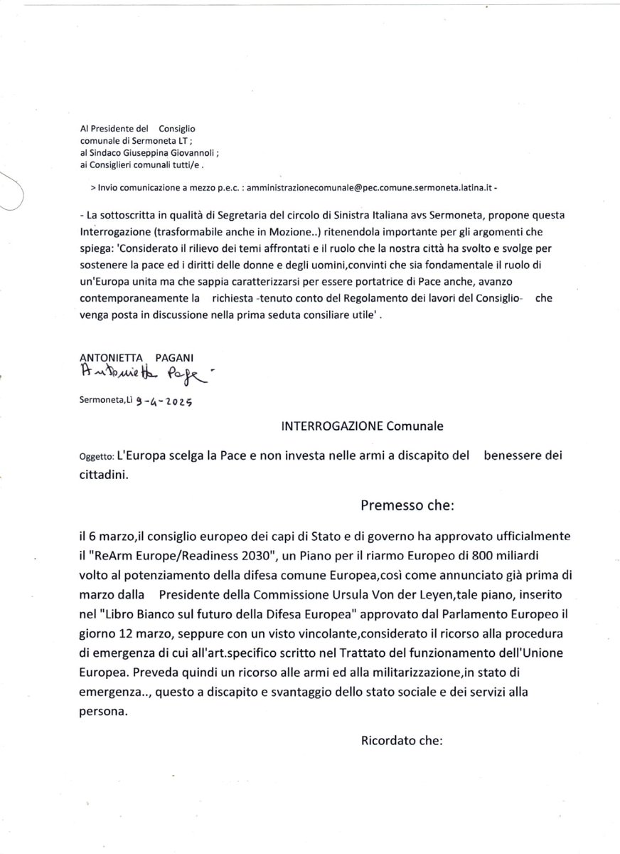 DrAntoniaPagani's tweet photo. 🟦▪️Interrogazione com. (Int.del cittadino) contro riarmo🇪🇺 da me presentata in comune a #Sermoneta ⤵️ https://t.co/0JuZrXNhbQ