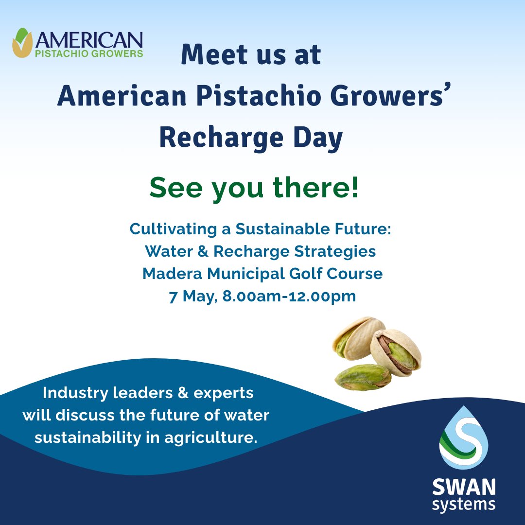 We’re Ready for Recharge Day - are you?🌱

Join us on May 7 in Madera, CA! Visit the SWAN Systems table to explore smarter irrigation for pistachio orchards, sustainability, and profitability.

Let’s optimize every drop. 💧

🔗 #RechargeDay2025 #SWANSystems #WaterStewardship