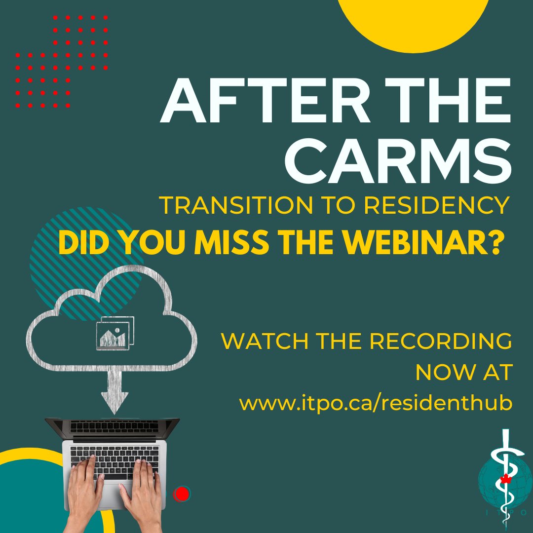 "Congratulations to everyone who matched in CaRMS 2025! Did you miss the After the CaRMS: Transition to Residency webinar on April 23rd. Catch up now at itpo.ca/residenthub. The recording is there for you! 
Get ready to launch your residency with confidence!"