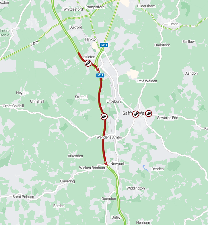 Cambs_Traffic's tweet image. ⚠️#M11 SB  between  J10 #Duxford and J8 #A120 LONG DELAYS due to emergency repairs to the carriageway.