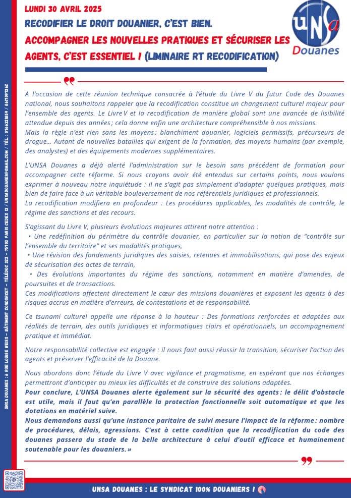 UNSA Douanes (@unsadouanes) on Twitter photo RT RECODIFICATION : La sécurité et l'accompagnement doivent être la clef de voute de cette révolution douanière.
<a href="/douane_france/">Direction générale des douanes et droits indirects</a> doit prendre la mesure de l'enjeu ! RT RECODIFICATION : La sécurité et l'accompagnement doivent être la clef de voute de cette révolution douanière.
<a href="/douane_france/">Direction générale des douanes et droits indirects</a> doit prendre la mesure de l'enjeu !