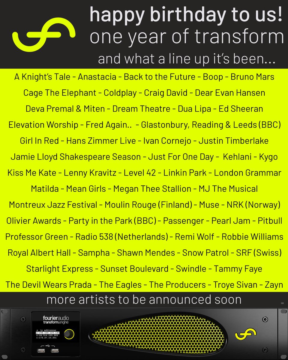 One year since we launched transform.engine... it's been a busy year! Thanks to all these fantastic shows for joining the fourier journey. Stay tuned for new things to come...!
—
#fourieraudio #TransformEngine #livesound #liveplugins