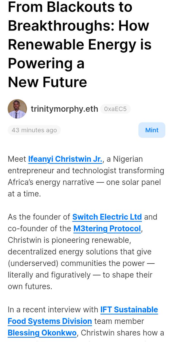 Trinity Morphy (@trinitymorphy) on Twitter photo Check out this interview <a href="/iChristwin/">ichristwin.eth</a> did with the Sustainable Food Systems Division of the Institute of Food Technology on World Earth Day about renewable energy and sustainable food production.
Would really appreciate you minting ๐ฅน. Money from the mint sales goes back to Check out this interview <a href="/iChristwin/">ichristwin.eth</a> did with the Sustainable Food Systems Division of the Institute of Food Technology on World Earth Day about renewable energy and sustainable food production.
Would really appreciate you minting ๐ฅน. Money from the mint sales goes back to