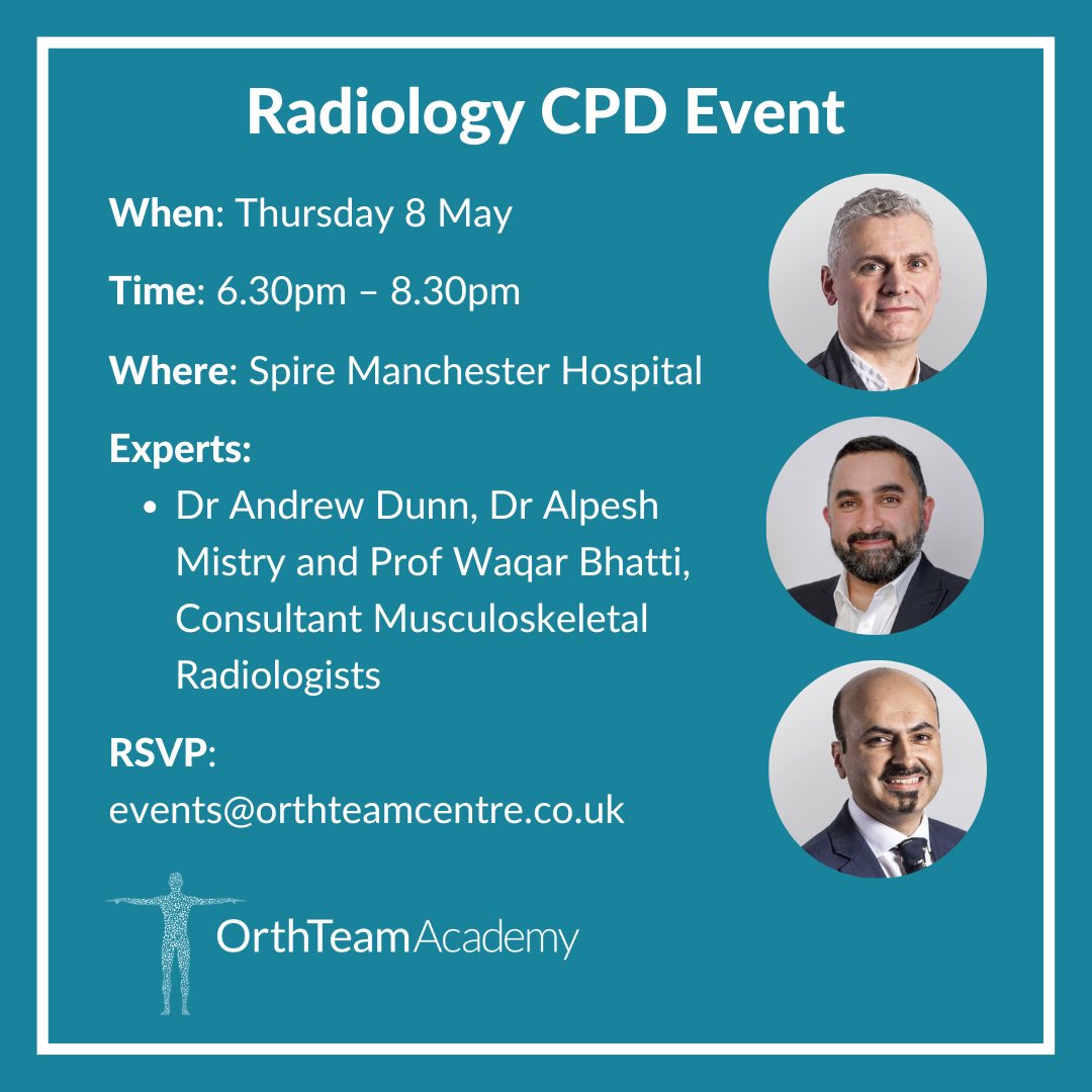 ⏱️Only 8️⃣ days to go to our Physio Radiology CPD Event! 

Experts: 
▪️ Consultant MSK Radiologist, Dr Dunn
▪️ Consultant MSK Radiologist, Dr Mistry
▪️ Consultant MSK Radiologist, Professor Bhatti

🗓️ 8 May 6.30 to 8.30pm
📍 Spire Manchester Hospital
 
➡️ orthteamcentre.co.uk/healthcare-pro…