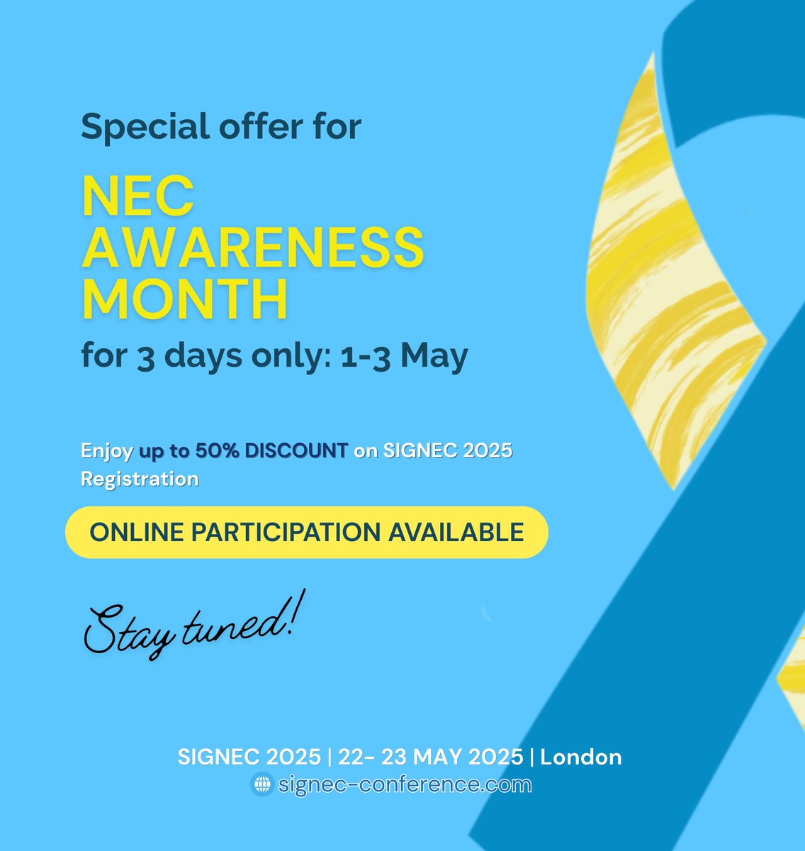 Tomorrow marks the beginning of #NEC Awareness Month!

Stay tuned for the exclusive discount codes to receive up to 50% OFF on your registration for #SIGNEC 2025  - Valid only from 1-3 May.

Register here👉: bit.ly/SIGNEC2025-REG…