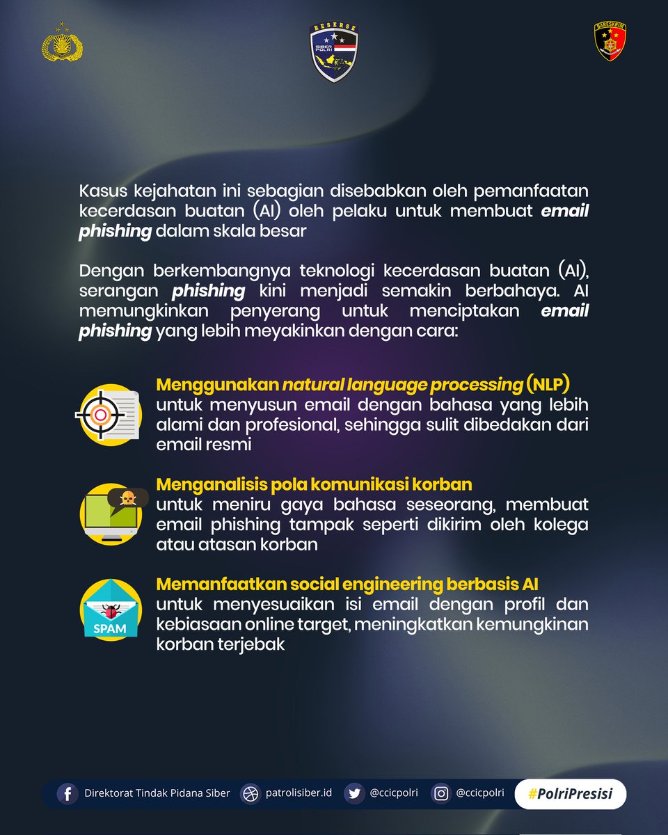 CCICPolri's tweet photo. Penggunakan teknologi AI dalam skema kejahatan siber sudah mulai meningkat semenjak awal tahun 2025

Kami menghimbau agar Sobat Siber selalu teliti dan tidak mudah menyebarkan informasi yang bersifat personal, terutama di dunia maya

#PolriPresisi #SalamPresisi #ModusKejahatan https://t.co/4GMc8YTY8Q