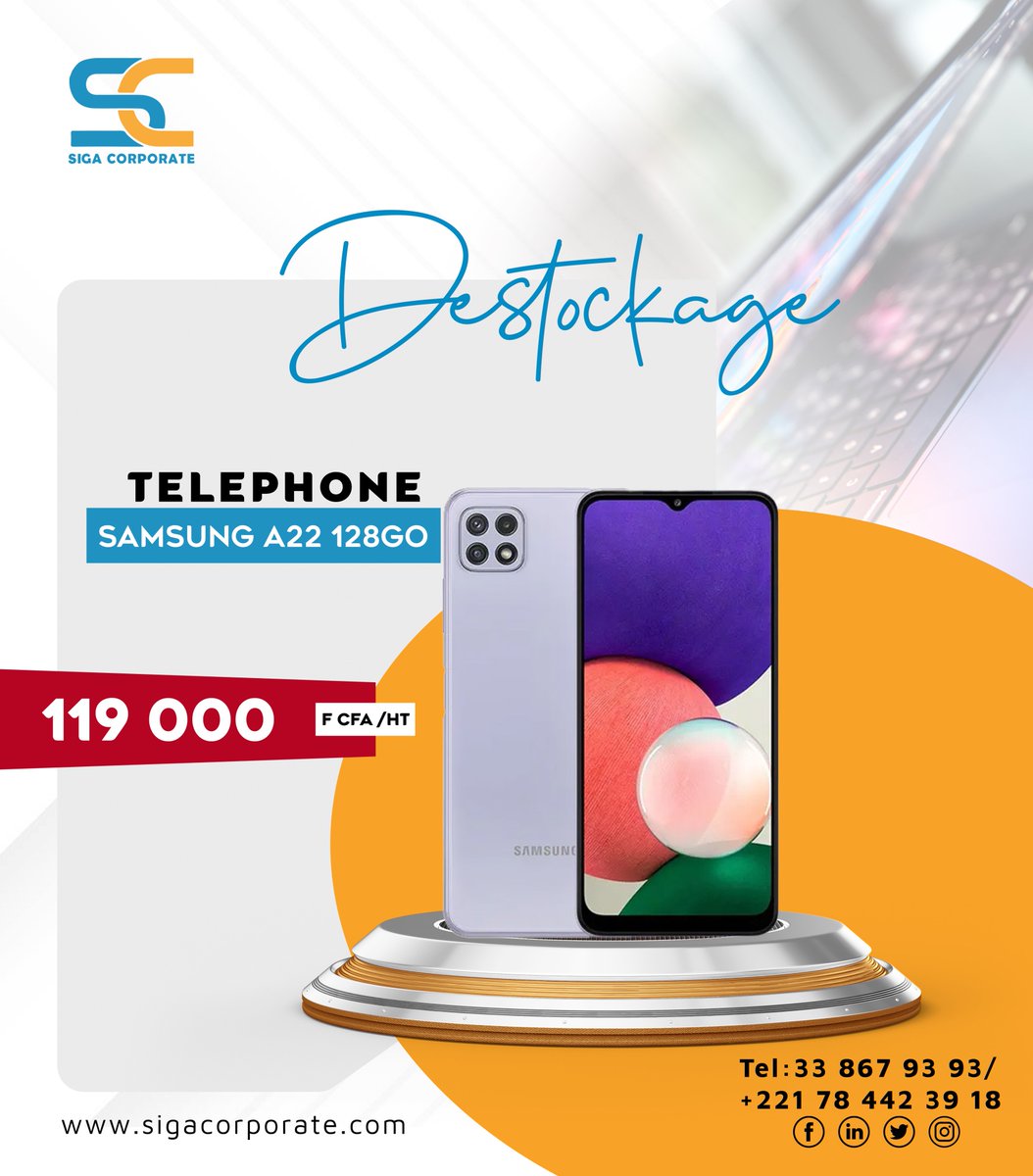 CorporateSiga's tweet photo. ✨Déstockage Samsung A22 (128go)
 🎟️119 000 FCFA HT
 ☎️Commande au 78 442 39 18/ 33 867 93 93
#PromoSamsung #DestockageSiga #BonPlanMobile #SamsungA22 https://t.co/2aMpLfhBKh