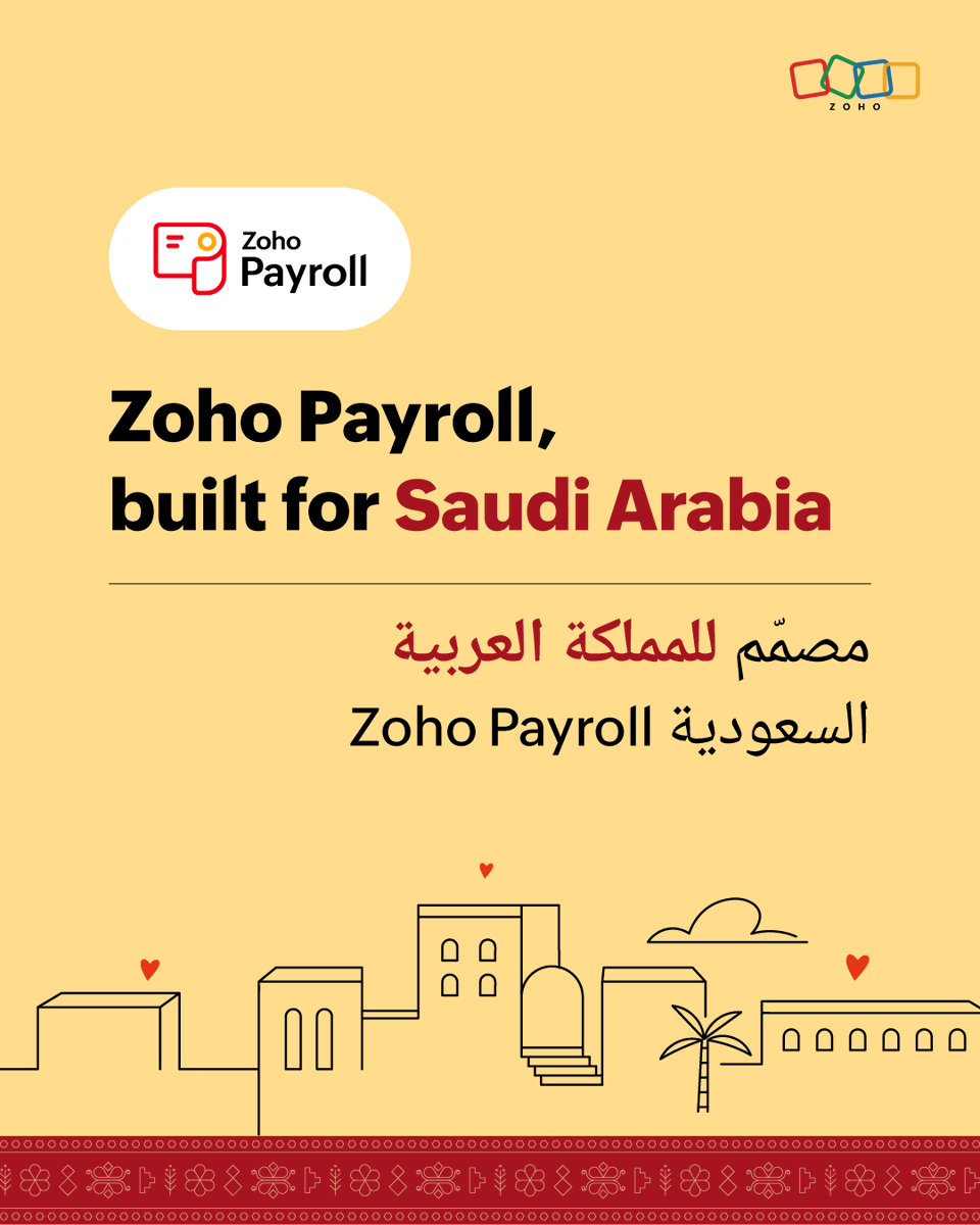 ZohoPayroll's tweet photo. Here's how you can use Zoho Payroll to meet the unique needs of your business in Saudi Arabia. A thread: 

#ZohoPayrollforKSA #CloudPayroll #BuiltforSaudi @ZohoMENA @Zoho #PayrollSoftware https://t.co/UrrXLK4lMv
