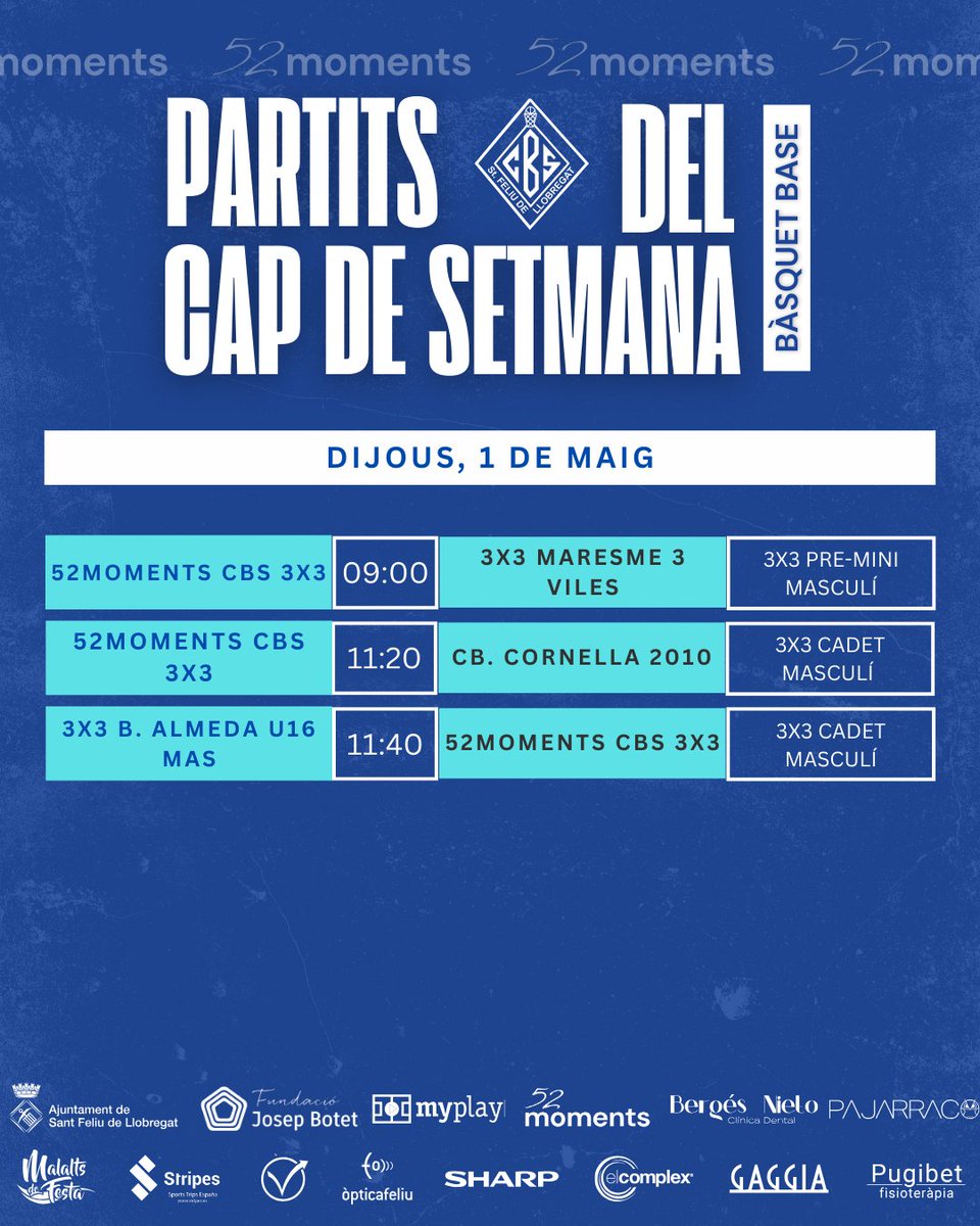 cbsantfeliuenc's tweet photo. 📊 Aquests són els partits del cap de setmana del nostre bàsquet base 🔵⚪ i @FCBbasket_fem 🏀🤞
🏀 #52moments #FemClubFemAfició #Base #CBS #98anys #CamidelCentenari #Bàsquet #game #esports #sports #partits #barcelona https://t.co/3pVsMyMk5L