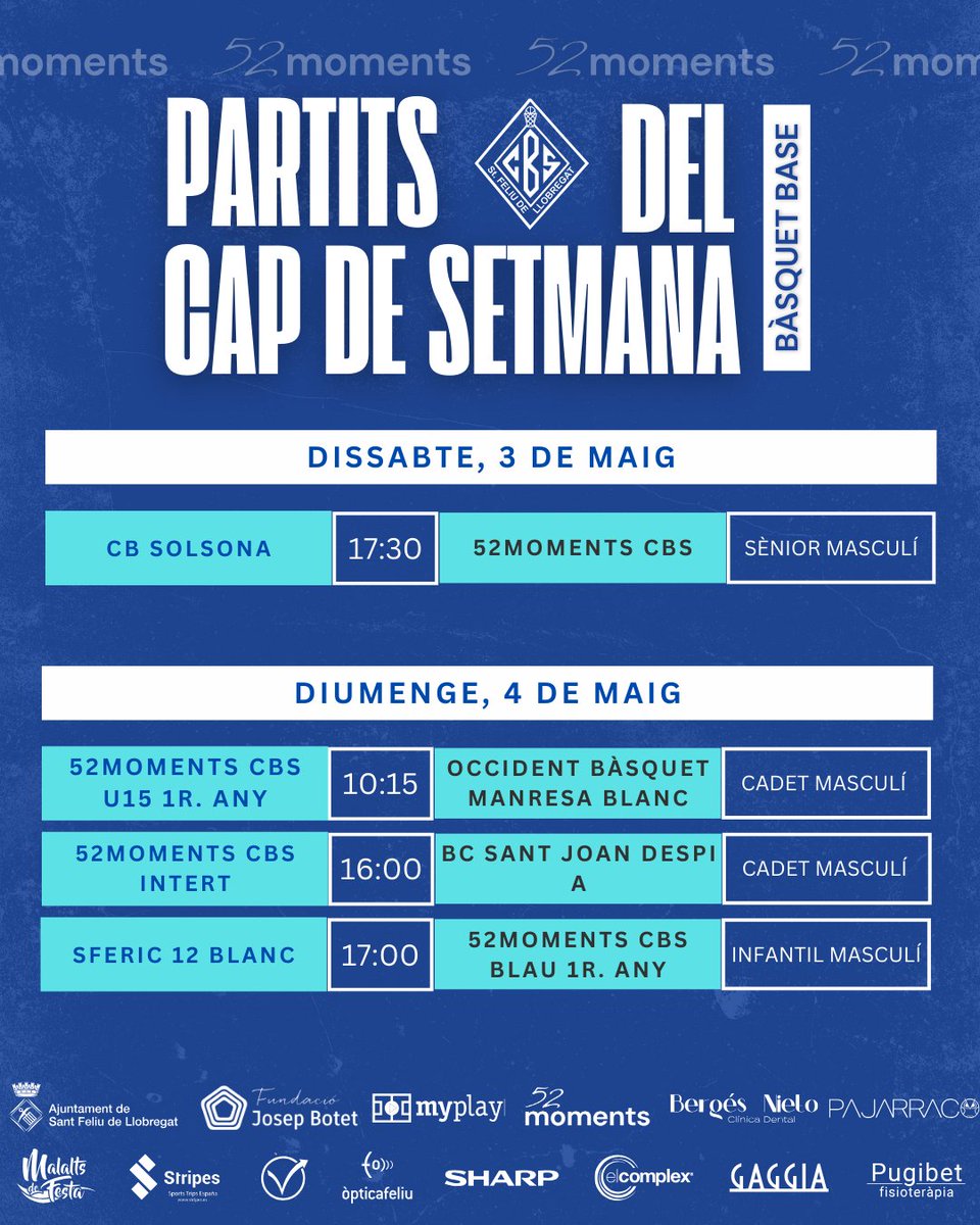 cbsantfeliuenc's tweet photo. 📊 Aquests són els partits del cap de setmana del nostre bàsquet base 🔵⚪ i @FCBbasket_fem 🏀🤞
🏀 #52moments #FemClubFemAfició #Base #CBS #98anys #CamidelCentenari #Bàsquet #game #esports #sports #partits #barcelona https://t.co/3pVsMyMk5L