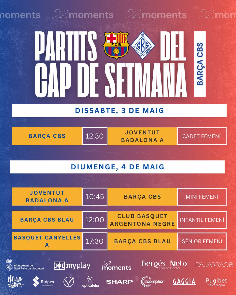📊 Aquests són els partits del cap de setmana del nostre bàsquet base 🔵⚪ i <a href="/FCBbasket_fem/">Barça CBS</a> 🏀🤞

🏀 #52moments #FemClubFemAfició #Base #CBS #98anys #CamidelCentenari #Bàsquet #game #esports #sports #partits #barcelona