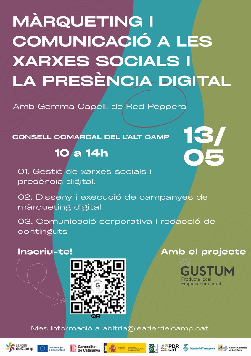 Bon dia, formació <a href="/InfoGustum/">Gustum</a> al #BaixCamp i a #AltCamp‼️ 

Aprèn 𝐦𝐚̀𝐫𝐪𝐮𝐞𝐭𝐢𝐧𝐠 𝐢 𝐜𝐨𝐦𝐮𝐧𝐢𝐜𝐚𝐜𝐢𝐨́ per millorar el teu projecte emprenedor 🧲.  

📝6 de maig, a Reus
📝12 de maig, a Valls

Inscripció: forms.gle/8feE8ePQcvgpgK… 🗒️