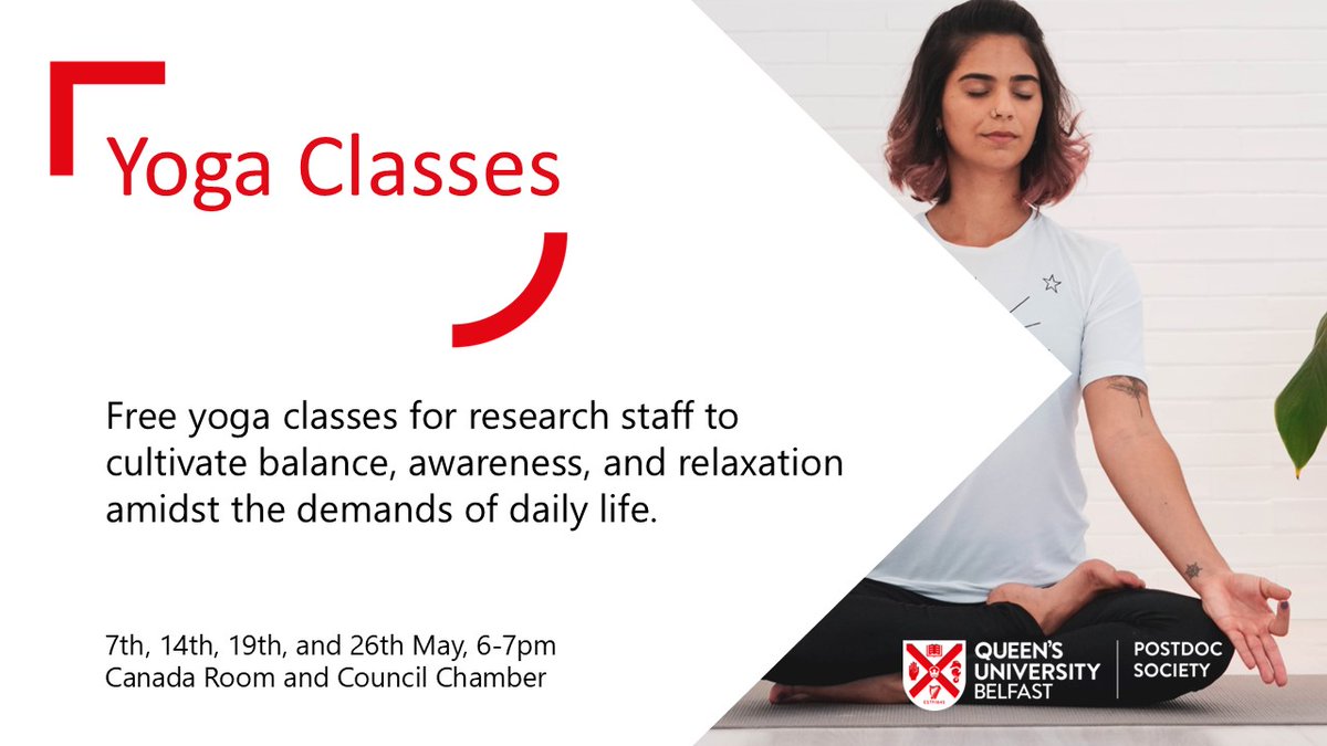 QUB Postdoc Society (@qubpostdocsoc) on Twitter photo 📢 A reminder about our upcoming Yoga classes 📢
We invite you to unwind throughout the month of May. Facilitated by Emma Hope Cassinelli, these classes are designed to help you cultivate balance, awareness & relaxation 🧘♂️🧘🧘♀️
Registration details ⬇️⬇️
forms.office.com/Pages/DesignPa… 📢 A reminder about our upcoming Yoga classes 📢
We invite you to unwind throughout the month of May. Facilitated by Emma Hope Cassinelli, these classes are designed to help you cultivate balance, awareness & relaxation 🧘♂️🧘🧘♀️
Registration details ⬇️⬇️
forms.office.com/Pages/DesignPa…