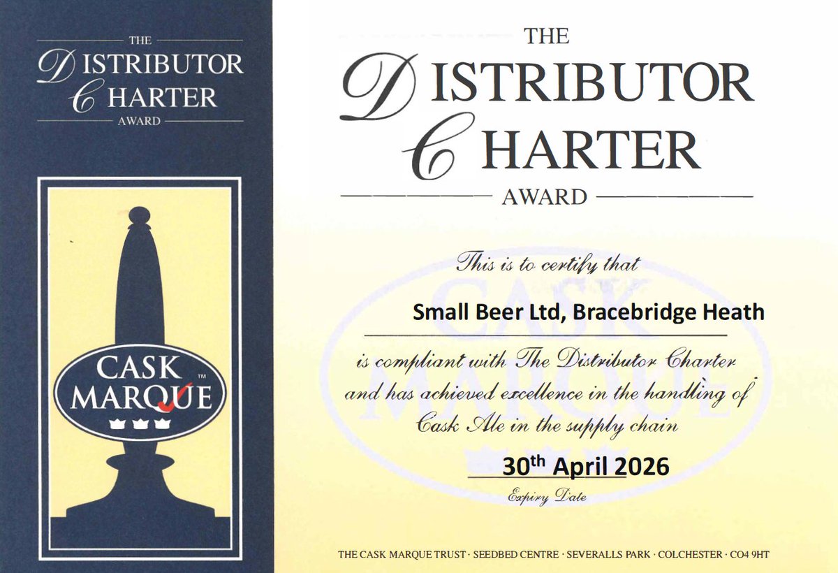 Small Beer Ltd & TrentAns Vintners (@smallbeerltd) on Twitter photo Absolutely delighted to be awarded our <a href="/caskmarque/">Cask Marque</a> Distributor Charter for the 12th consecutive year. Well done to everyone at HQ, especially the amazing #warehouse staff who keep up the excellent standards everyday. 🍻🍺🍻🍺#cask #caskbeer #wholesale Absolutely delighted to be awarded our <a href="/caskmarque/">Cask Marque</a> Distributor Charter for the 12th consecutive year. Well done to everyone at HQ, especially the amazing #warehouse staff who keep up the excellent standards everyday. 🍻🍺🍻🍺#cask #caskbeer #wholesale
