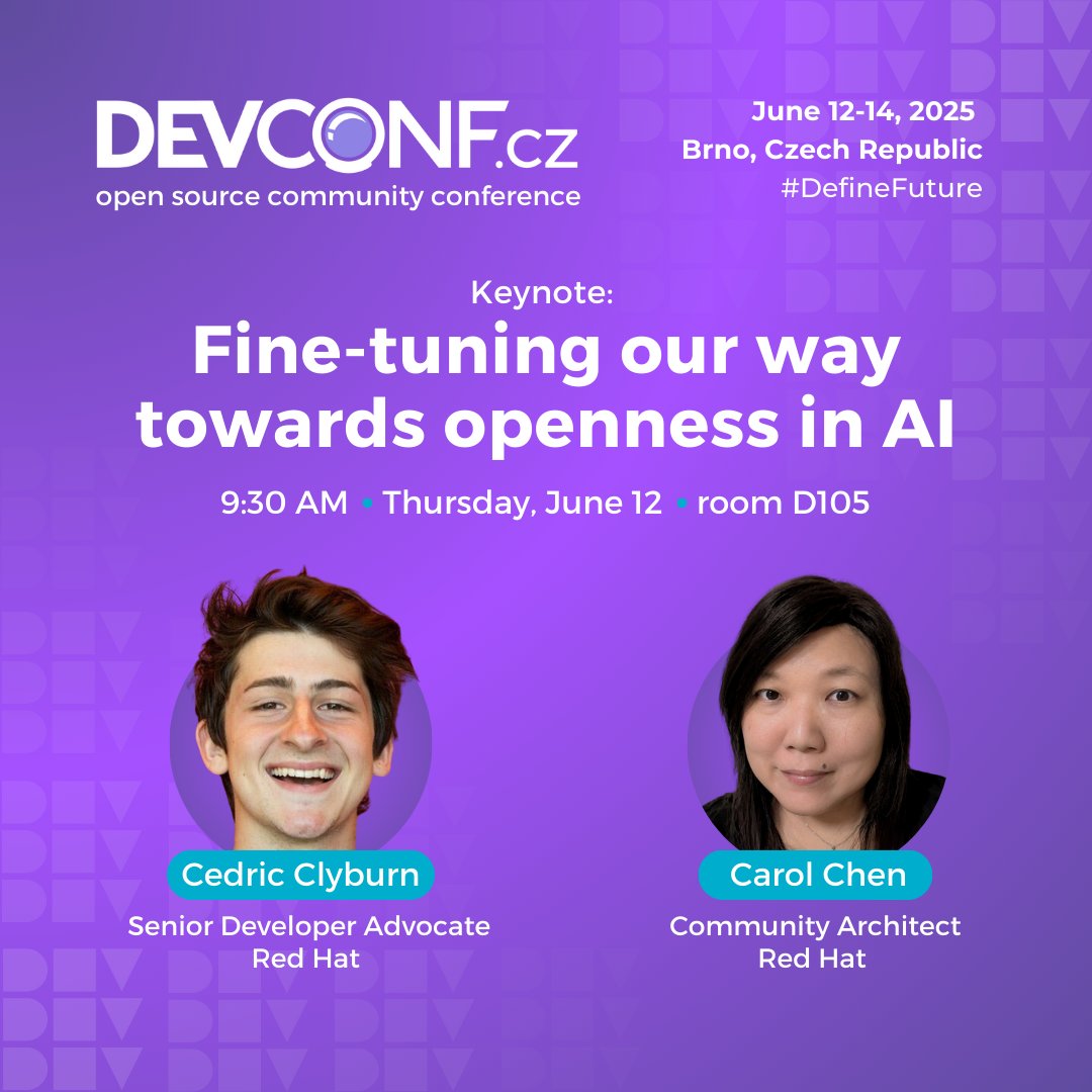 DevConf.CZ (@devconf_cz) on Twitter photo #AI has been influencing everything we do lately, but how can we make its development and use less of a black box and more open?
Join <a href="/cedricclyburn/">Cedric Clyburn</a> and <a href="/cybette/">Carol Chen π°ππ€π| β‘οΈπ¦£ @cybette@mastodon.org.uk</a> as they touch these questions during the first keynote of #DevConf_CZ 2025.
Find out more at: pretalx.devconf.info/devconf-cz-202β¦ #AI has been influencing everything we do lately, but how can we make its development and use less of a black box and more open?
Join <a href="/cedricclyburn/">Cedric Clyburn</a> and <a href="/cybette/">Carol Chen π°ππ€π| β‘οΈπ¦£ @cybette@mastodon.org.uk</a> as they touch these questions during the first keynote of #DevConf_CZ 2025.
Find out more at: pretalx.devconf.info/devconf-cz-202β¦