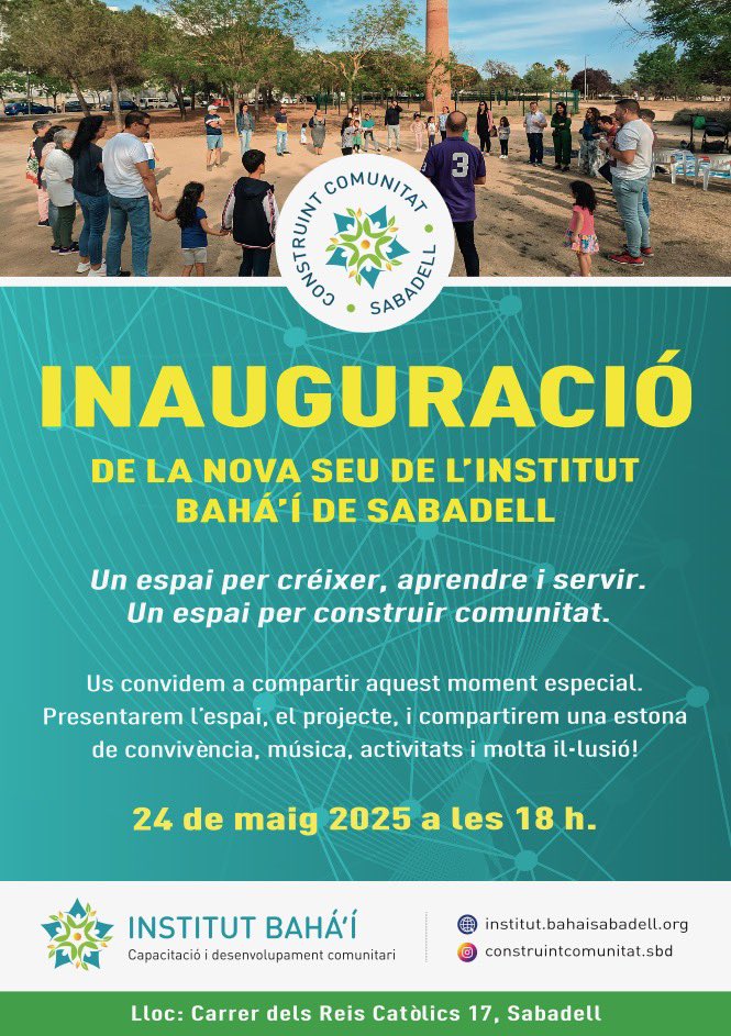 BahaisSabadell's tweet photo. S’apropa la inauguració de la nova seu de l’Institut Bahá’í de Sabadell. https://t.co/5TRPJQ6EOw

Comença una nova etapa.

#InstitutBahai #construintcomunitat #comunitatsvigoroses #educació #acciósocial #comunitat #Sabadell #bahai https://t.co/QyeKk6foWf