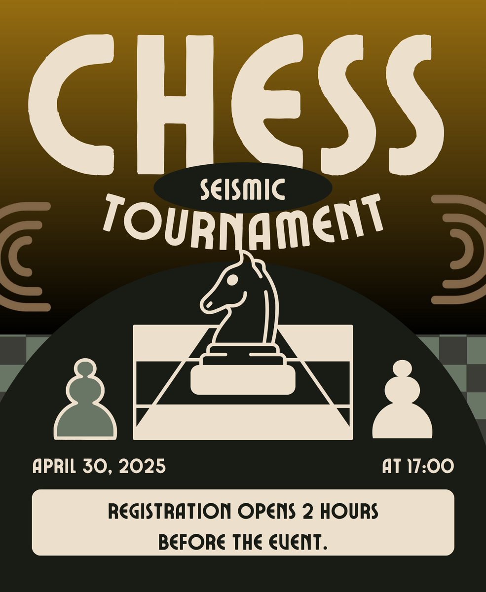 Stet19019's tweet photo. ♟️ Seismic Chess Tournament is here!
🗓 April 30, 2025 | 🕔 17:00 (UTC)
⏳ Reg opens 2 hours before — don’t be late!
📌 Head to our Discord, read the instructions & hit ▶️ to join the action.
Good luck, grandmasters-to-be! 🫶
#SeismicChess #ChessTime @SeismicSys @vadim_kesha1 https://t.co/LrdP9YDiCd