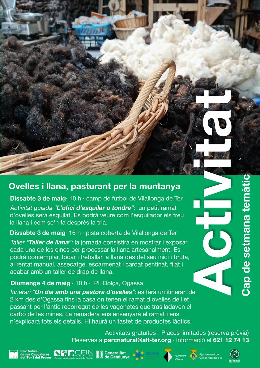 Producte del Ripollès (@prod_ripolles) on Twitter photo Activitat: Ovella i llana, pasturant per la muntanya
🗓️3 i 4 de maig.
👉🏼 Totes les activitats son gratuïtes. Cal reserva prèvia).
📝 Les reserves a parcnatural@alt-ter.org · Informació al 621 12 74 13
✨Us hi esperem!✨ Activitat: Ovella i llana, pasturant per la muntanya
🗓️3 i 4 de maig.
👉🏼 Totes les activitats son gratuïtes. Cal reserva prèvia).
📝 Les reserves a parcnatural@alt-ter.org · Informació al 621 12 74 13
✨Us hi esperem!✨