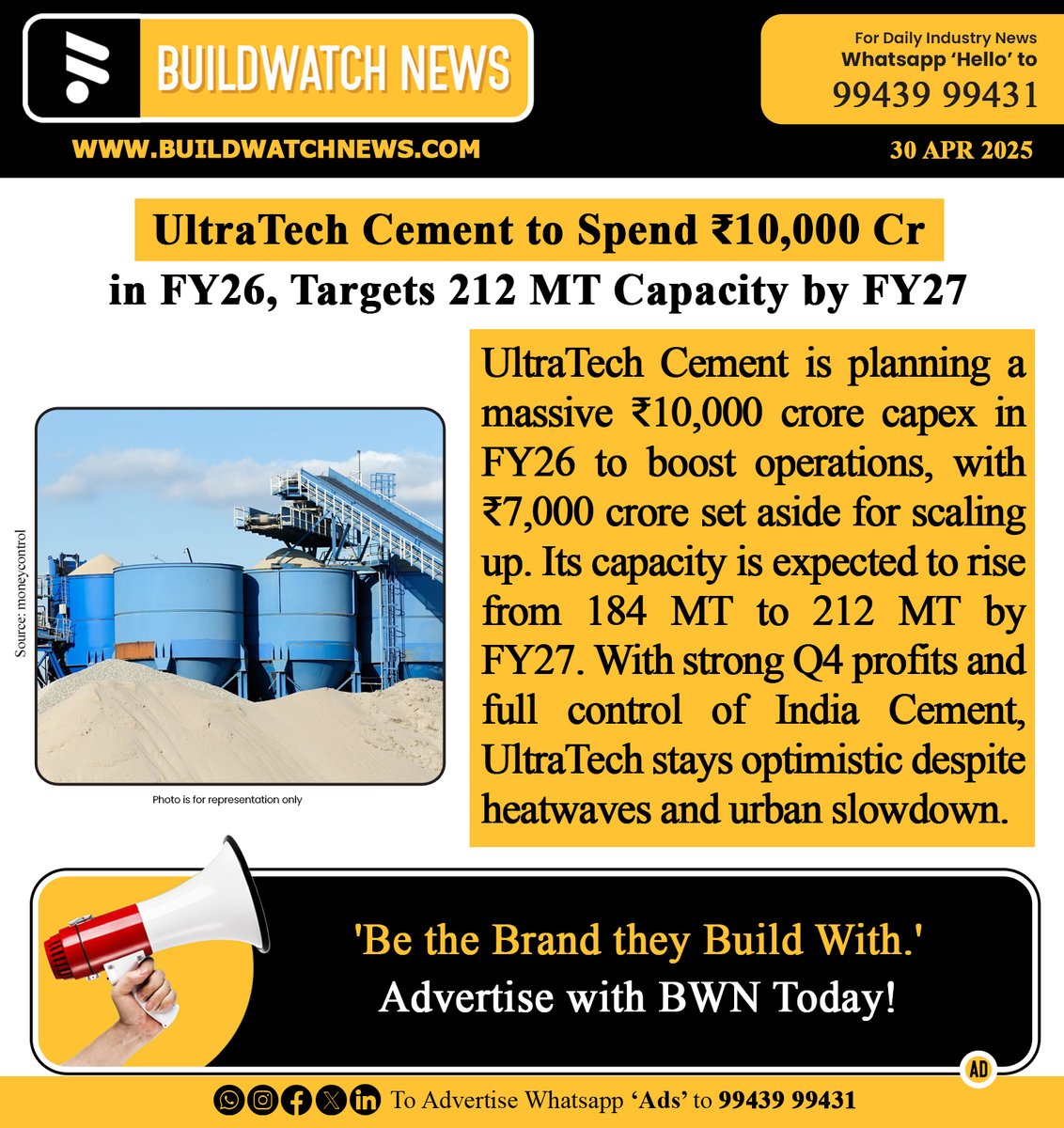 BuildWatchNEWS's tweet image. UltraTech Cement to Spend ₹10,000 Cr in FY26, Targets 212 MT Capacity by FY27

🔗Read More : buildwatchnews.com/ultratech-ceme…

#BuildWatchNews #UltraTech #CementUpdate #InfraGrowth #RealEstateIndia #CapexPlans #BWNUltratechCementUpdates #WBNCementMarketUpdates #BWNIndiaCementUpdates