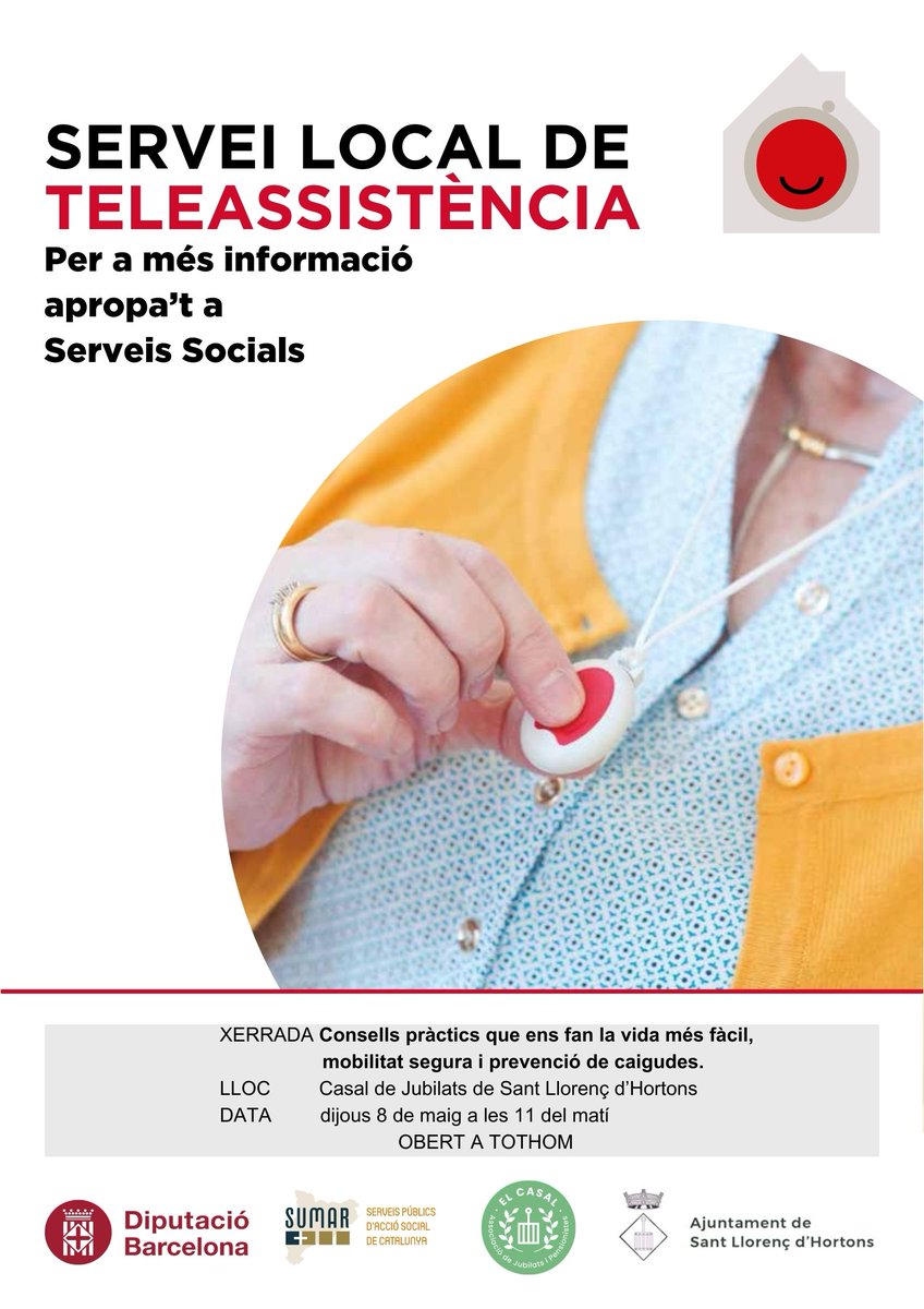 📣 Xerrada informativa al Casal de Jubilats!

No et perdis la xerrada “Servei social de teleassistència. Consells pràctics que ens fan la vida més fàcil”
📅 Dimecres 8 de maig
🕚 A les 11 h del matí
📍 Casal de la Gent Gran de Sant Llorenç d’Hortons