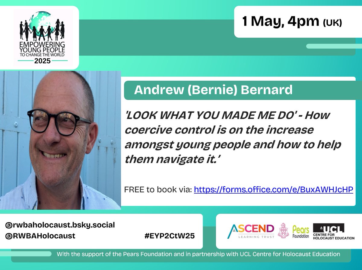 RWBAHolocaust (@rwbaholocaust) on Twitter photo #EYP2CtW25 continues tomorrow, 1 May, 4pm (GMT). We welcome <a href="/Emma_Turner75/">Emma Turner FCCT</a> & <a href="/_WhatMakesAMan_/">Bernie 💙 Author | Speaker</a> talking curriculum & T&L, coercive control & PSHE/SRE.
Come join us!
FREE sign up: forms.office.com/e/BuxAWHJcHP
RT <a href="/MaryMyatt/">Mary Myatt</a> <a href="/dave_mcpartlin/">Dave McPartlin</a> <a href="/ldn_primaryHT/">LondonHT</a> <a href="/HappyHead74/">⚓️ Dr Vic Carr ⚓️</a> <a href="/HlMacmeekin/">Hilary Mac</a> #CPD #EYP2CtW25 continues tomorrow, 1 May, 4pm (GMT). We welcome <a href="/Emma_Turner75/">Emma Turner FCCT</a> & <a href="/_WhatMakesAMan_/">Bernie 💙 Author | Speaker</a> talking curriculum & T&L, coercive control & PSHE/SRE.
Come join us!
FREE sign up: forms.office.com/e/BuxAWHJcHP
RT <a href="/MaryMyatt/">Mary Myatt</a> <a href="/dave_mcpartlin/">Dave McPartlin</a> <a href="/ldn_primaryHT/">LondonHT</a> <a href="/HappyHead74/">⚓️ Dr Vic Carr ⚓️</a> <a href="/HlMacmeekin/">Hilary Mac</a> #CPD
