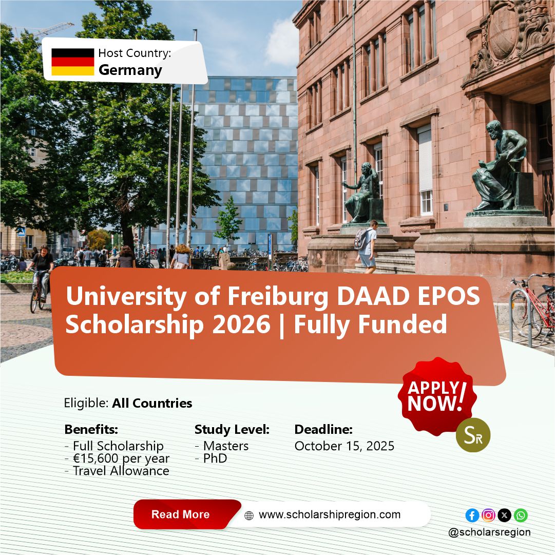 scholarsregion's tweet photo. University of Freiburg DAAD EPOS Scholarship 2026 | Fully Funded

Country: Germany🇩🇪
Benefits:
⭐Full scholarship &amp; €15,600 per year
✅ Travel Allowance &amp; Health Insurance

Category: Masters
Eligible: All Countries
Deadline: October 15, 2025

APPLY↙️
https://t.co/6PYBcR5aCB https://t.co/V0l1e6lcf7