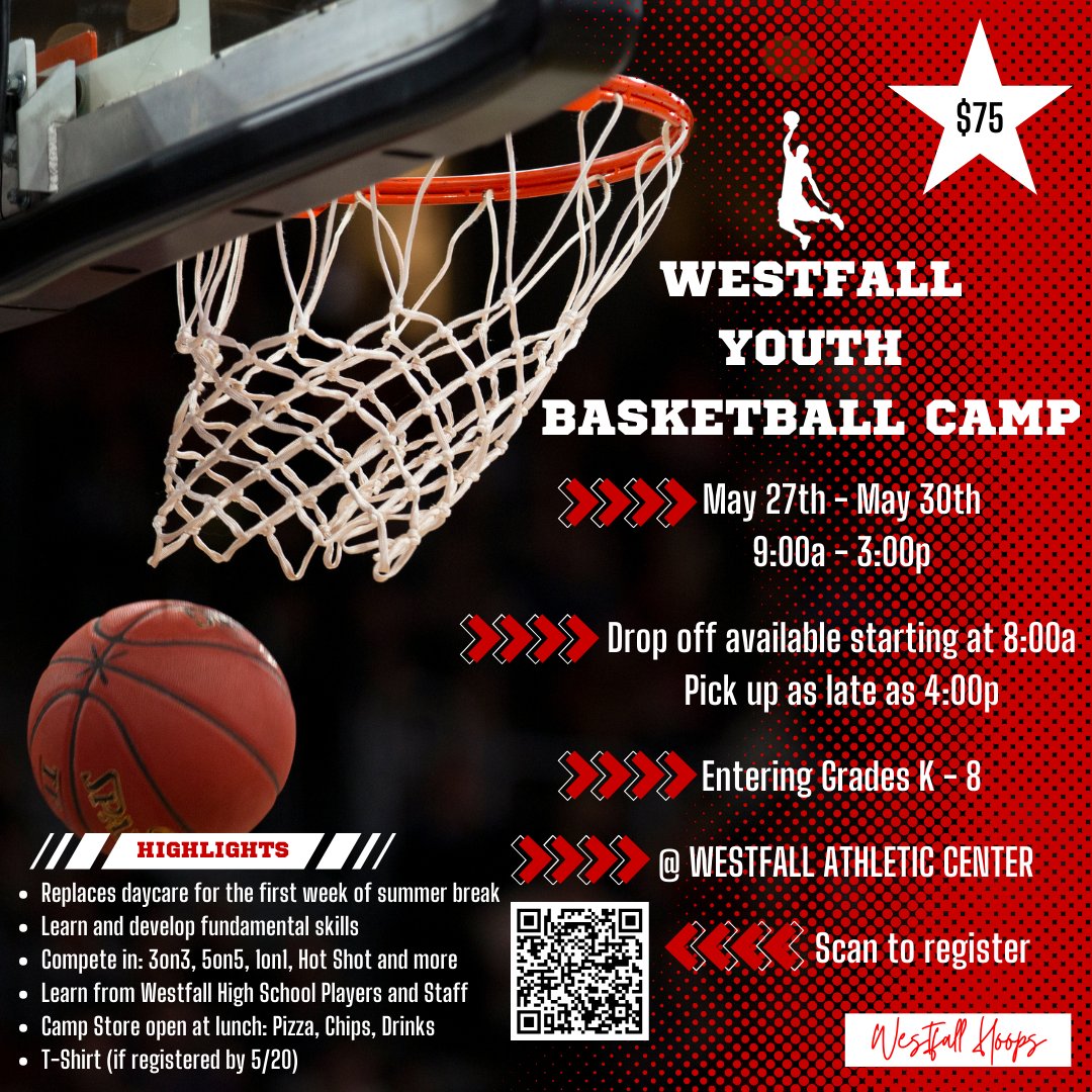 Westfall Basketball (@westfall_hoops) on Twitter photo We are under 4 weeks until the start of summer basketball camp! Get registered by 5/20 to guarantee a t-shirt.
All students entering grades K-8 are welcome!
Questions? Contact kyle.joseph@westfallschools.com We are under 4 weeks until the start of summer basketball camp! Get registered by 5/20 to guarantee a t-shirt.
All students entering grades K-8 are welcome!
Questions? Contact kyle.joseph@westfallschools.com