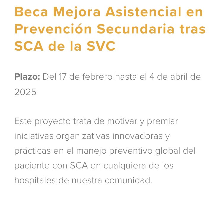 SVCardio (@svcardio) on Twitter photo Comunicamos la concesión de la beca “Mejora Asistencial en Prevención Secundaria tras SCA de <a href="/SVCardio/">SVCardio</a>” al proyecto “ rutaSCAlipidos” de <a href="/GVAclinic/">Hospital Clínic de València</a>
Felicitar a los proyectos finalistas <a href="/EldaCardiologia/">Cardiología Elda</a> y <a href="/cardioHGUA/">Cardiologia HGU Dr.Balmis de Alicante</a> por su excelente calidad
Gracias al apoyo de <a href="/AstraZeneca/">AstraZeneca</a> Comunicamos la concesión de la beca “Mejora Asistencial en Prevención Secundaria tras SCA de <a href="/SVCardio/">SVCardio</a>” al proyecto “ rutaSCAlipidos” de <a href="/GVAclinic/">Hospital Clínic de València</a>
Felicitar a los proyectos finalistas <a href="/EldaCardiologia/">Cardiología Elda</a> y <a href="/cardioHGUA/">Cardiologia HGU Dr.Balmis de Alicante</a> por su excelente calidad
Gracias al apoyo de <a href="/AstraZeneca/">AstraZeneca</a>