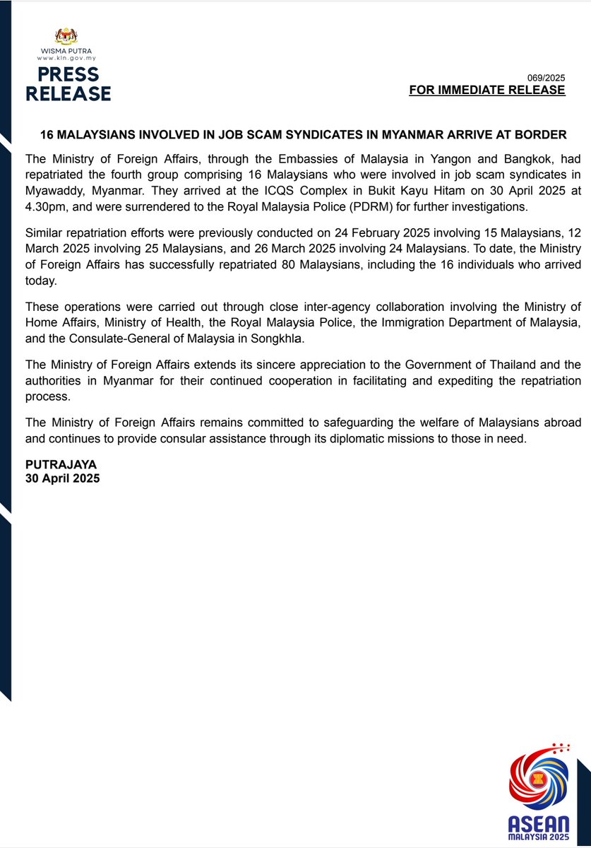 MalaysiaMFA's tweet image. PRESS RELEASE: 16 MALAYSIANS INVOLVED IN JOB SCAM SYNDICATES IN MYANMAR ARRIVE AT BORDER
