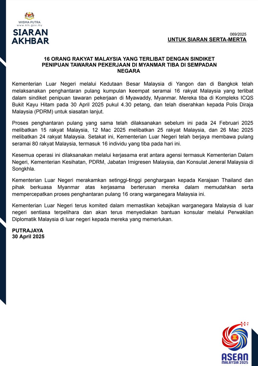 MalaysiaMFA's tweet image. PRESS RELEASE: 16 MALAYSIANS INVOLVED IN JOB SCAM SYNDICATES IN MYANMAR ARRIVE AT BORDER
