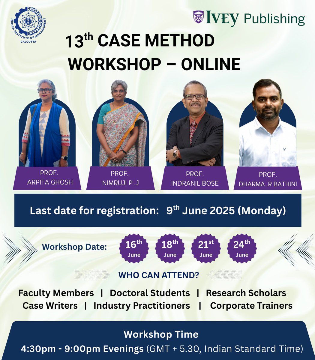 IIM Calcutta (@iim_calcutta) on Twitter photo Indian Institute of Management Calcutta Case Research Centre (IIMCCRC) of IIM Calcutta and Ivey Publishing is hosting an extensive online Workshop on ๐๐๐ฌ๐ ๐๐ญ๐ฎ๐๐ฒ ๐๐๐ฌ๐ญ๐๐ซ๐ฒ: ๐๐ซ๐ข๐ญ๐ข๐ง๐ ๐ฐ๐ข๐ญ๐ก ๐๐ฆ๐ฉ๐๐๐ญ ๐๐ง๐ ๐๐ง๐ฌ๐ข๐ ๐ก๐ญ from June 16 โ 24, 2025.
The Indian Institute of Management Calcutta Case Research Centre (IIMCCRC) of IIM Calcutta and Ivey Publishing is hosting an extensive online Workshop on ๐๐๐ฌ๐ ๐๐ญ๐ฎ๐๐ฒ ๐๐๐ฌ๐ญ๐๐ซ๐ฒ: ๐๐ซ๐ข๐ญ๐ข๐ง๐ ๐ฐ๐ข๐ญ๐ก ๐๐ฆ๐ฉ๐๐๐ญ ๐๐ง๐ ๐๐ง๐ฌ๐ข๐ ๐ก๐ญ from June 16 โ 24, 2025.
The