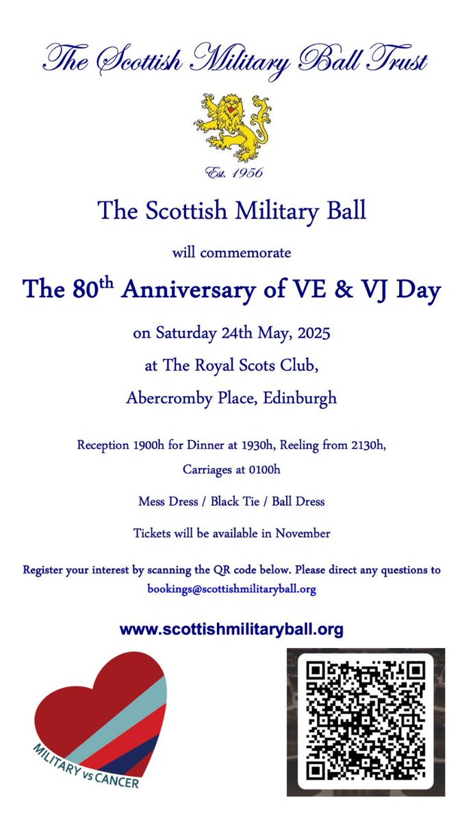 The Scottish Military Ball will commemorate the 80th anniversary of VE and VJ Day at The Royal Scots Club in Edinburgh on 24 May. 🗓️

#VE80 #VJ80 #Victory80