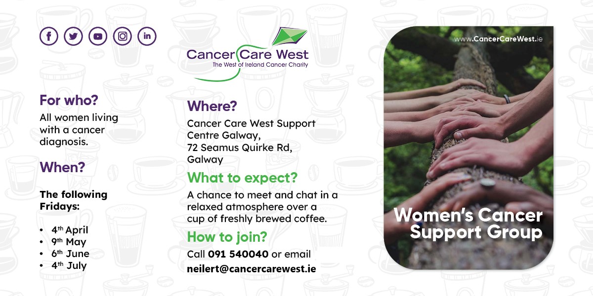 cancercarewest (@cancercarewest) on Twitter photo Join our Women's #CancerSupport Group on May 9th where you can meet & chat in a welcoming atmosphere at our #Galway support centre. To secure your spot contact Nora at 091 540040 or email neilert@cancercarewest.ie
#supportgroup #cancer <a href="/IrishCancerSoc/">Irish Cancer Society</a> <a href="/hseNCCP/">NCCP</a> Join our Women's #CancerSupport Group on May 9th where you can meet & chat in a welcoming atmosphere at our #Galway support centre. To secure your spot contact Nora at 091 540040 or email neilert@cancercarewest.ie
#supportgroup #cancer <a href="/IrishCancerSoc/">Irish Cancer Society</a> <a href="/hseNCCP/">NCCP</a>