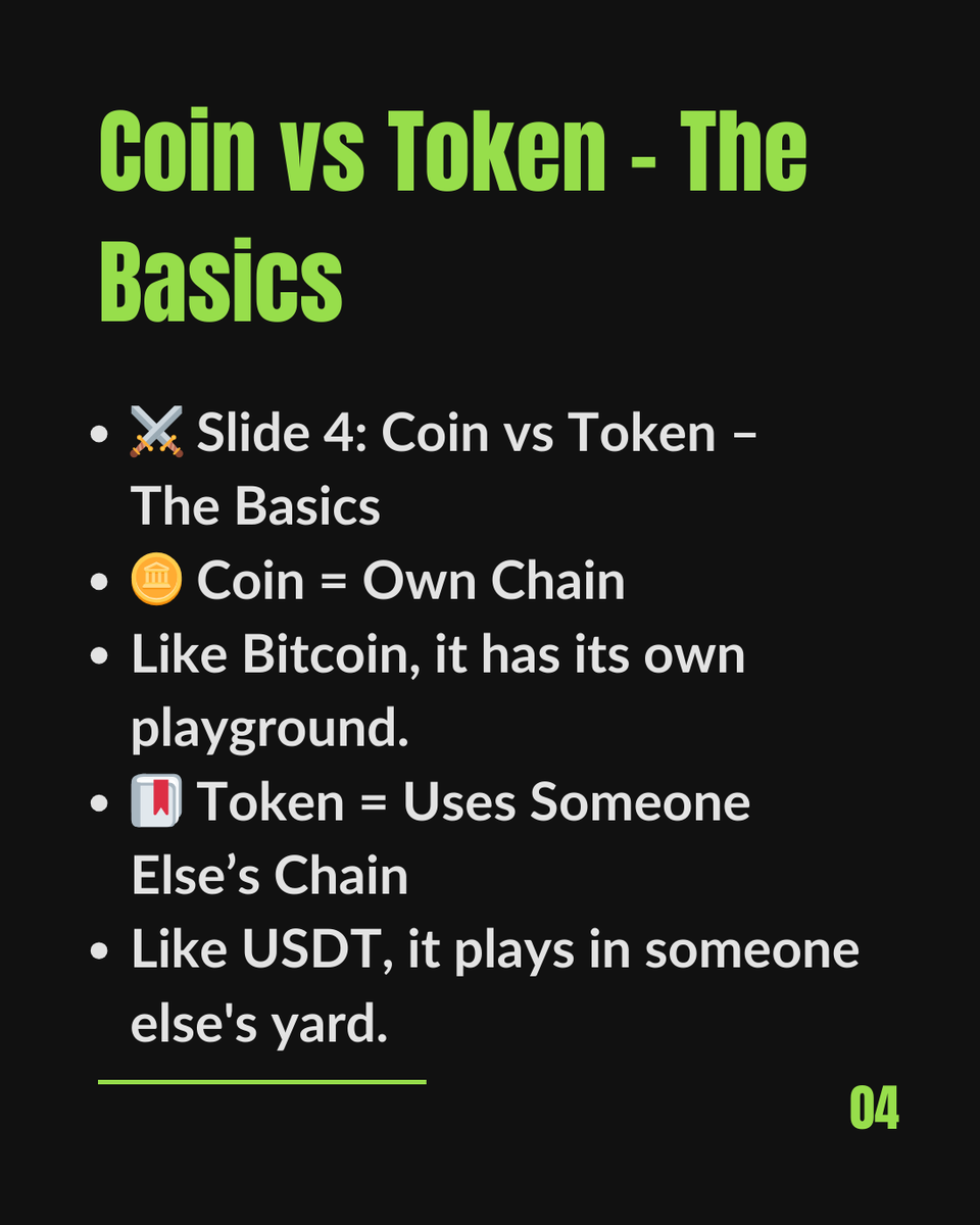 VinterestA's tweet photo. 🪙 Coin vs 🔖 Token — same same, but very different!
Coins run on their own blockchain (like Bitcoin), while tokens live on existing blockchains (like USDT on Ethereum).
#CryptoBasics #CoinVsToken #BlockchainExplained #CryptoInvesting #LearnCrypto #CryptoForBeginners https://t.co/nRPKOoRv9g