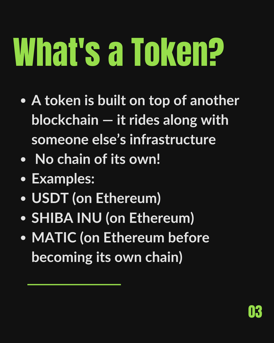 VinterestA's tweet photo. 🪙 Coin vs 🔖 Token — same same, but very different!
Coins run on their own blockchain (like Bitcoin), while tokens live on existing blockchains (like USDT on Ethereum).
#CryptoBasics #CoinVsToken #BlockchainExplained #CryptoInvesting #LearnCrypto #CryptoForBeginners https://t.co/nRPKOoRv9g