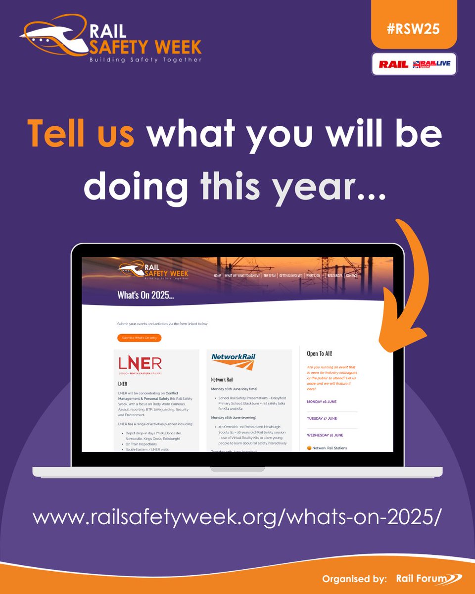 🚨 Rail Industry – we want to hear from you! 🚨

As #RSW25 approaches, tell us what you’ll be doing to promote safety this year – from depot tours to school talks! 

📢 Submit your plans here:
👉 railsafetyweek.org/whats-on-2025/

#RailSafety | #BuildingSafetyTogether