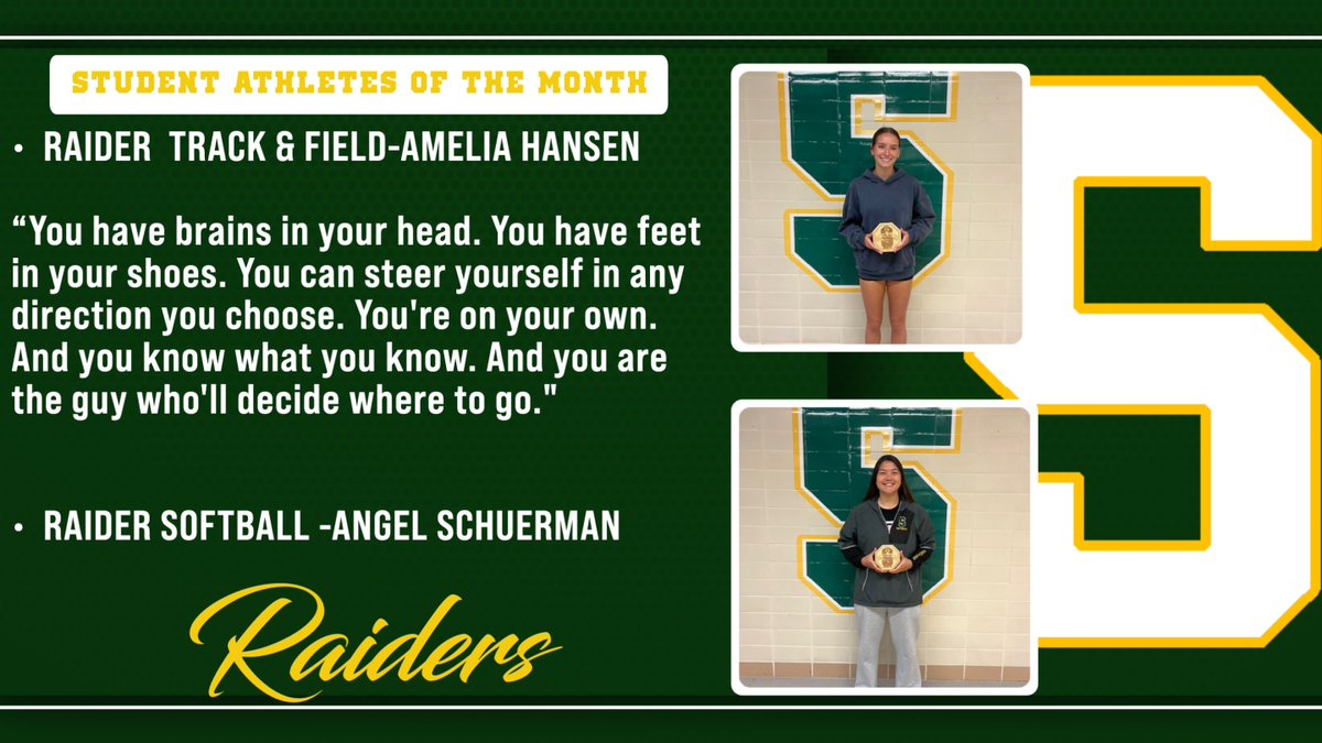 Congratulations to Amelia and Angel on being named April's student athletes of the month. Both Raiders are having great seasons on the field and in the classroom. Thank you for making South great! <a href="/smssoftball_/">Shawnee Mission South Softball</a> <a href="/sms_tf/">SM South XC&TF</a>
