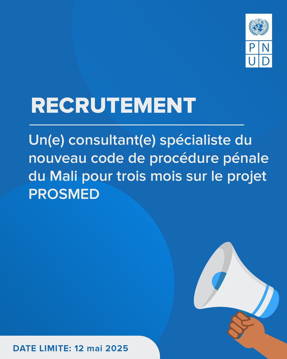 Le PNUD Mali recrute un(e) consultant(e) spécialiste du nouveau code de procédure pénale du Mali pour trois mois sur le projet PROSMED. 
Lieu📍 : Bamako, Mali
Date limite 📅 : 12 mai 2025
Postulez ici 👉 : procurement-notices.undp.org/view_negotiati…