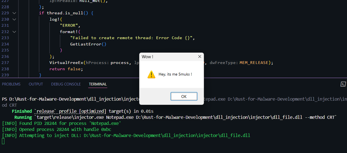 5mukx's tweet image. My malware development works and practices for [April 2025]:  

* Waiting thread hijacking: github.com/Whitecat18/Rus…

* My Custom Shellcode: github.com/Whitecat18/Rus…

* ApiHooking using Trampoline: github.com/Whitecat18/Rus…

* Fixed Direct Syscall Issues: github.com/Whitecat18/Rus…

*…