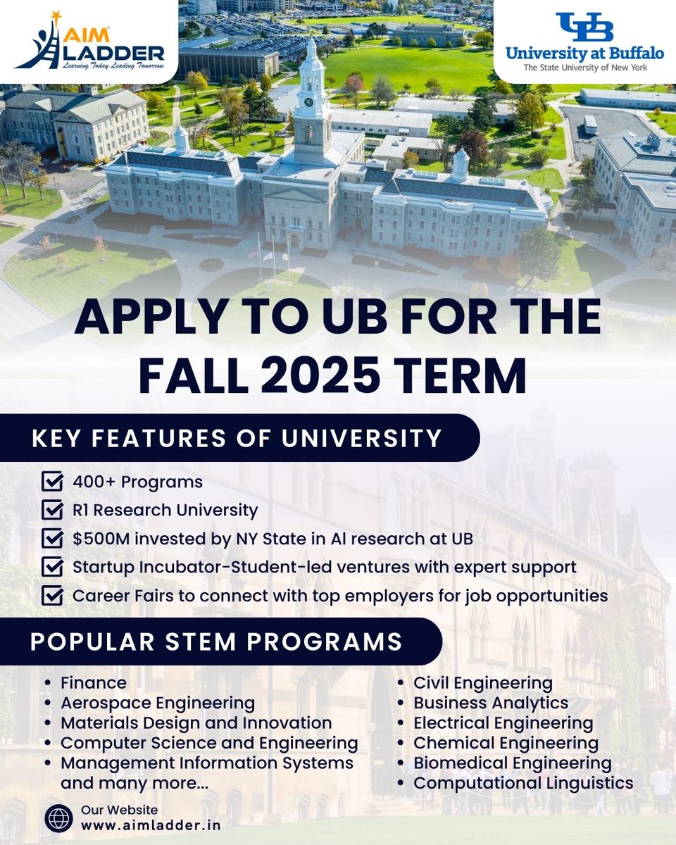 AimLadder's tweet photo. 🎓 Apply to University at Buffalo (UB) – Fall 2025 Intake!

🌐 Powered by Aim Ladder | 🏛️ A proud part of The State University of New York (SUNY)
 
📲 Visit us at: https://t.co/gCX5b0ORRK  to start your UB application journey today! 

#UniversityAtBuffalo #UBFall2025 #ApplyNow https://t.co/yXrkAj9WZJ