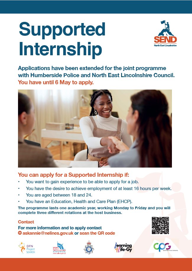 🚀 Ready to kickstart your future?
Humberside Police &amp; North East Lincolnshire Council's supported internship programme is designed for young people with an EHC Plan. Apply by May 6 to seize this amazing opportunity!
Apply 👇
Email askannie@nelincs.gov.uk 
Text: 07585 122306
