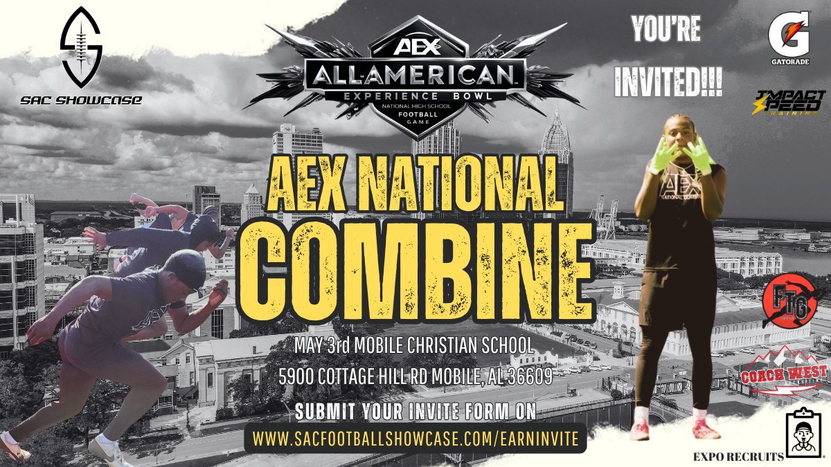 SAC SHOWCASE π (@sacshowcase) on Twitter photo <a href="/Creed_2Nj/">Creed Richardson</a> YOUβRE INVITED!
AEX NATIONAL COMBINE
Powered by SAC Showcase and Expo Recruits
CLASS OF 2026β2030 β This is your chance to GET RANKED and earn an OFFICIAL INVITE to the prestigious AEX ALL-AMERICAN BOWL GAME!
NEXT COMBINE LOCATION:
Mobile Christian School β Mobile, <a href="/Creed_2Nj/">Creed Richardson</a> YOUβRE INVITED!
AEX NATIONAL COMBINE
Powered by SAC Showcase and Expo Recruits
CLASS OF 2026β2030 β This is your chance to GET RANKED and earn an OFFICIAL INVITE to the prestigious AEX ALL-AMERICAN BOWL GAME!
NEXT COMBINE LOCATION:
Mobile Christian School β Mobile,