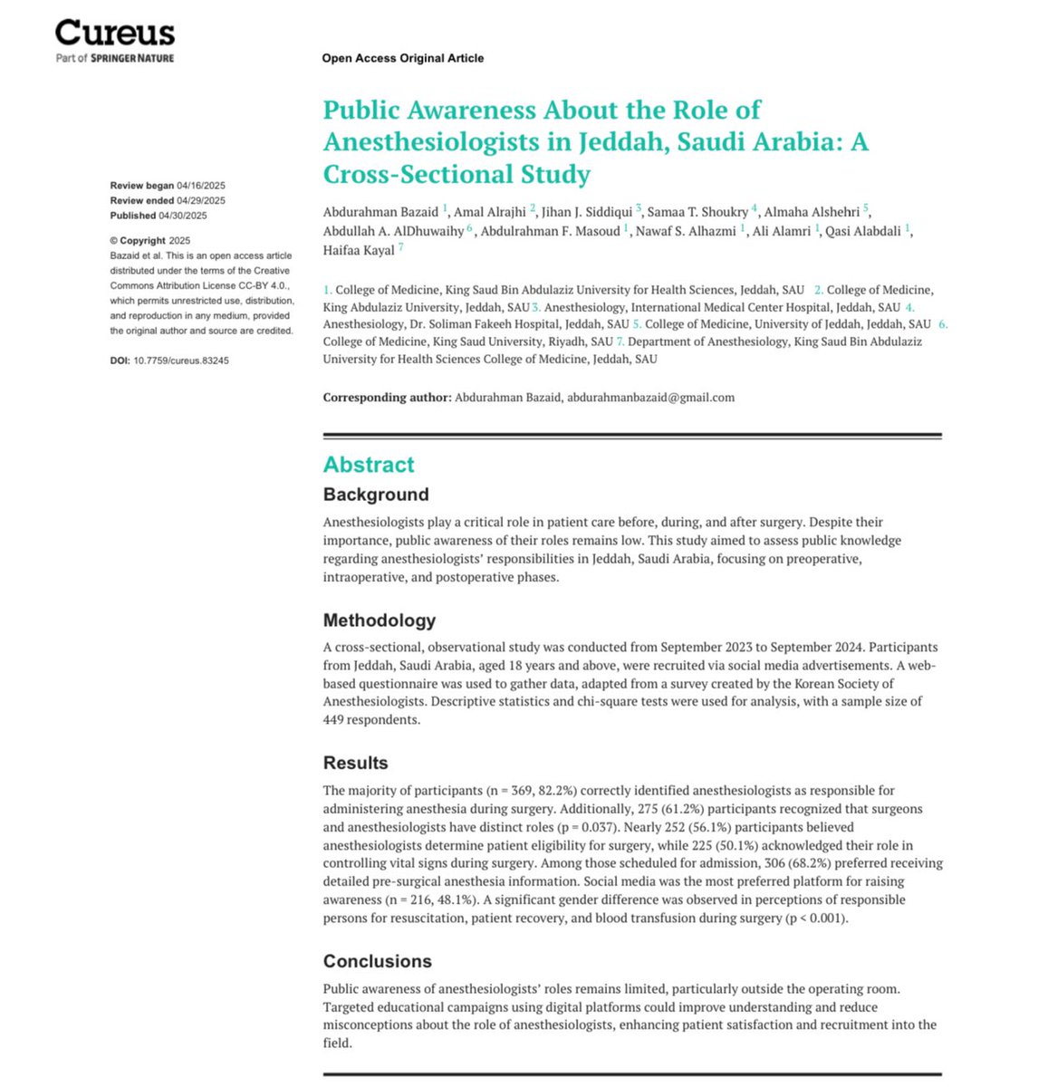 ADhuwaihy's tweet photo. Publication Alert 🚨 
بحمد الله، نشر فريقنا البحثي اليوم دراسة بحثية بعنوان:
“Public Awareness about the Role of Anesthesiologist in Jeddah, Saudi Arabia”.

استهدفت دراستنا قياس وعي المجتمع في مدينة #جدة، حول دور طبيب التخدير باستخدام أداة دولية معتمدة أصدرتها الجمعية الكورية لأطباء التخدير 🇸🇦🇰🇷 

في حين كشفت الدراسة الكورية أن 74.8% فقط من عينة المجتمع الكوري على دراية أن طبيب التخدير هو المسؤول عن التخدير أثناء العمليات الجراحية،
أظهرت دراستنا أن نسبة الوعي في جدة بلغت 82.2% — وهي نسبة تبرز تفوقًا سعوديًا ووعيًا مشرفًا في إدراك هذا الدور الطبي الهام، ومسؤوليته في إنجاح كل عملية جراحية بلا ألم.

التفوق السعودي الآسيوي ليس فقط على مستوى كرة القدم، بل على كافة المستويات 😎🇸🇦 

جزيل الشكر لأستاذتنا د. هيفاء كيّال @hkanesthesia استشاري طب التخدير، على قيادتها للفريق البحثي، وللزملاء في الفريق على عملهم المميز.

للإطلاع على الدراسة كاملة:
https://t.co/DCRxTXHKaz