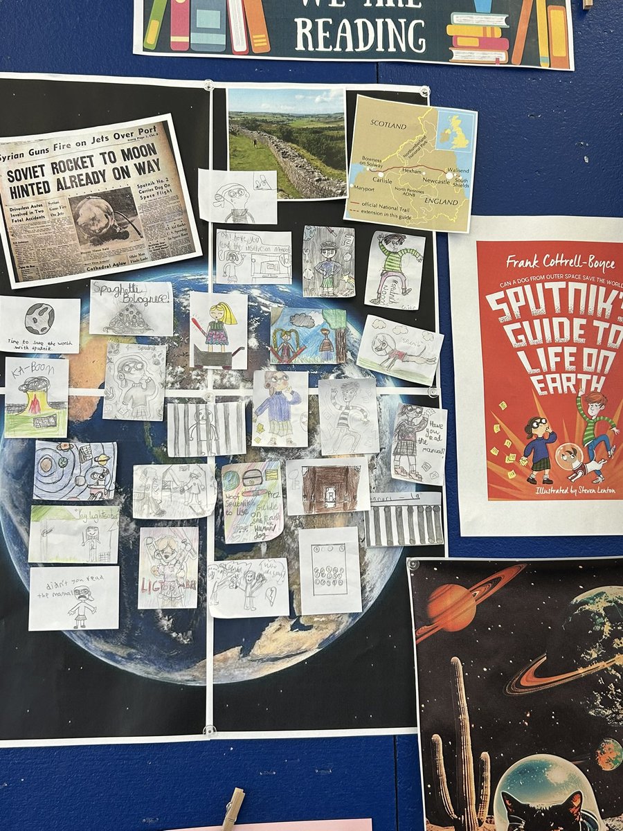 stwills4H's tweet photo. We’re almost at the end of reading the fantastic Sputnik’s Guide to Life on Earth, written by @frankcottrell_b and illustrated by @steven_lenton. Children have drawn something, anything they wanted, linked to the book, to go on the wall. https://t.co/wYwl5JC3Ho
