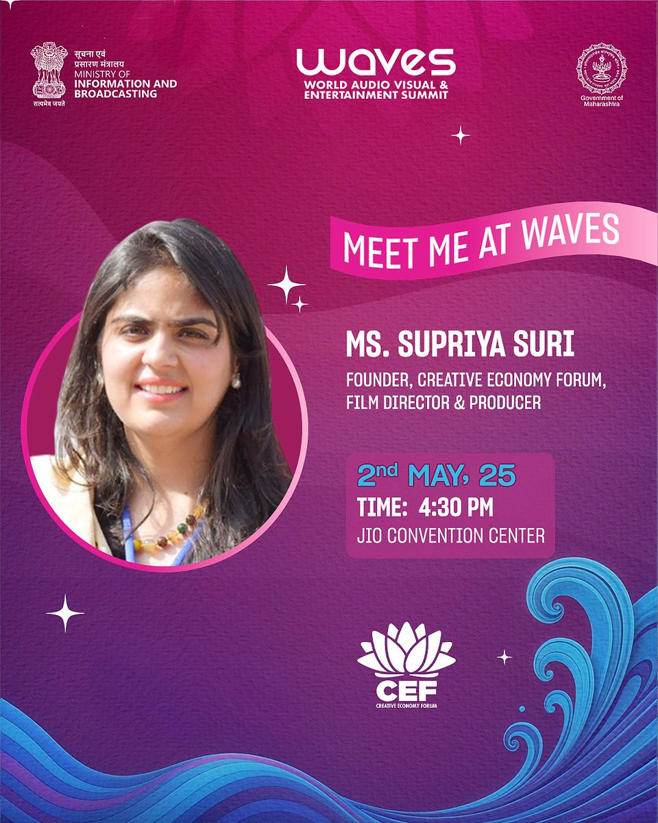 CEF_india's tweet photo. Lights. Camera. Action! Thrilled to have @supriasuri moderating our power-packed session at WAVES! With her deep insight into cinema, She’s set to steer the conversation on branding India through film tourism.
Curated by @CEF_india @WAVESummitIndia https://t.co/oWvu4qqiPO