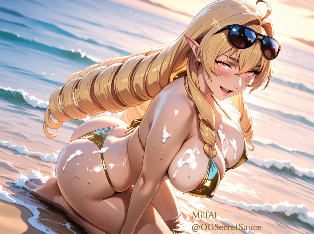 OGSecretSauce's tweet photo. "Feast your eyes — this is a warrior in her prime!" #ElinaliseDragonroad on the beach
#エリナリーゼ #JoblessReincarnation #MushokuTensei
#aifanart #AIart #AI美女 #AIelf
#MusesILongFor https://t.co/AnyYUTBgHa