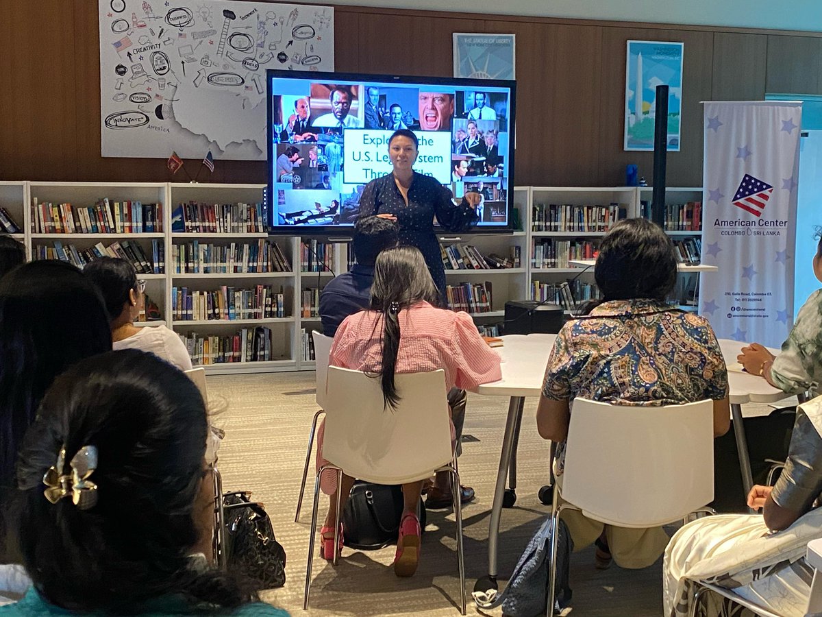 USAmbSL's tweet photo. Today I joined @TheJusticeDept’s #OPDAT Resident Legal Advisor at the launch of our new film-based series on the U.S. legal system at our American Center—not just to show how it works, but to spark dialogue on justice, rule of law, & the rights of the accused. Through film, we’re drawing connections between U.S. & Sri Lankan legal traditions & the shared values that underpin them.