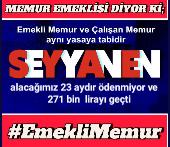 Çelebi AVCI (@centilmenhunter) on Twitter photo 4688,657,5434 sayılı kanunlar ile çalıştım pirim ödedim maaş aldım
Halen aynı kanunlara tabi #EmekliMemur um
Temmuz 2023 te 375/40 KHK ile SEYYANEN ZAM HAKKIM
23 aydır gasp edildi.
#MemurEmeklisineAdalet
<a href="/RTErdogan/">Recep Tayyip Erdoğan</a> <a href="/dbdevletbahceli/">Devlet Bahçeli</a> <a href="/eczozgurozel/">Özgür Özel</a> <a href="/MDervisogluTR/">Müsavat Dervişoğlu</a>
<a href="/rprefahpartisi/">Yeniden Refah Partisi</a> 4688,657,5434 sayılı kanunlar ile çalıştım pirim ödedim maaş aldım
Halen aynı kanunlara tabi #EmekliMemur um
Temmuz 2023 te 375/40 KHK ile SEYYANEN ZAM HAKKIM
23 aydır gasp edildi.
#MemurEmeklisineAdalet
<a href="/RTErdogan/">Recep Tayyip Erdoğan</a> <a href="/dbdevletbahceli/">Devlet Bahçeli</a> <a href="/eczozgurozel/">Özgür Özel</a> <a href="/MDervisogluTR/">Müsavat Dervişoğlu</a>
<a href="/rprefahpartisi/">Yeniden Refah Partisi</a>