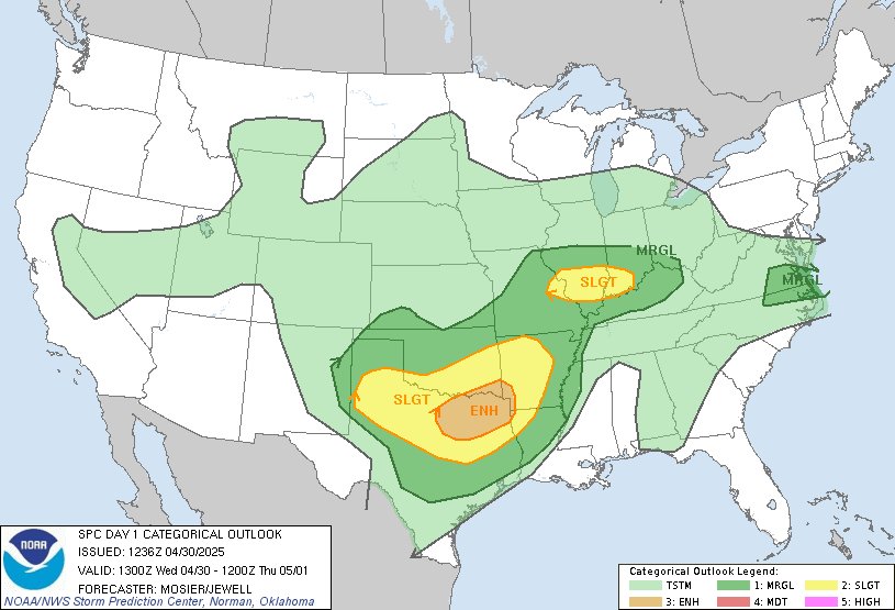 7:38am CDT #SPC Day1 Outlook Enhanced Risk: from northeast TX into southwest OK and the Arklatex spc.noaa.gov/products/outlo…